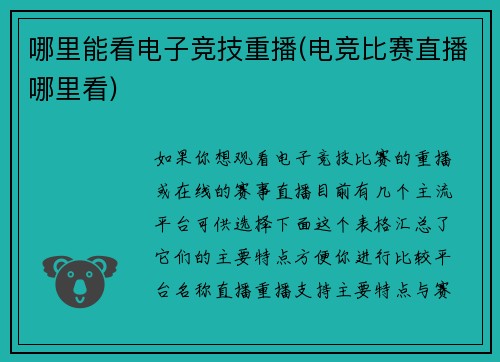 哪里能看电子竞技重播(电竞比赛直播哪里看)